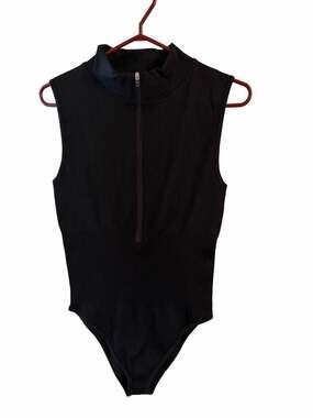 QQQ Black Ribbed Zip-Up Mock Neck Sleeveless Bodysuit